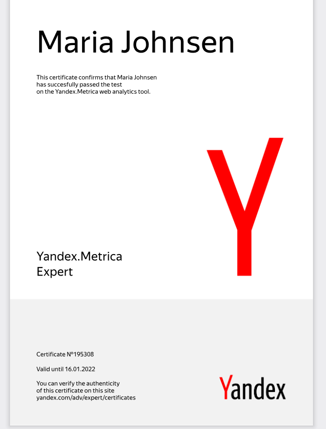 Maria Johnsen's Yandex Analytics Certificate
